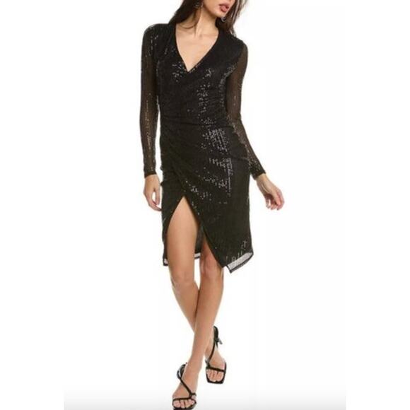 2/$30 AREA STARS Black Sequin Dress Size S Deep V Neck Side Ruching Asymmetrical - Picture 1 of 7